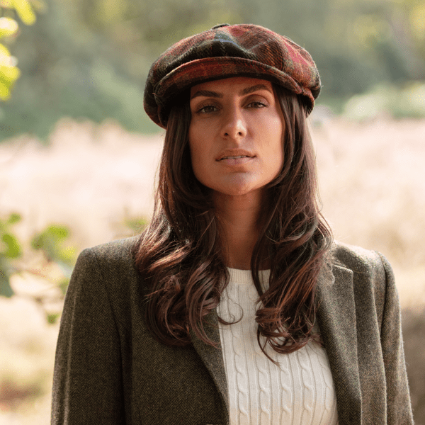 Green, Burgundy & Black Check Tartan Harris Tweed Wool Bakerboy Newsboy Cap