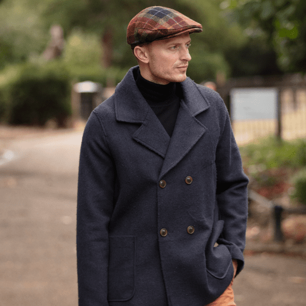Green, Burgundy & Black Check Tartan Harris Tweed Wool Flat Cap