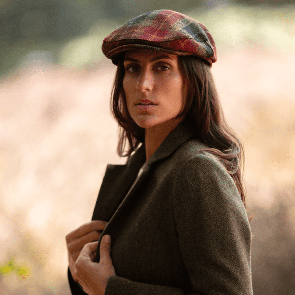 Green, Burgundy & Black Check Tartan Harris Tweed Wool Flat Cap