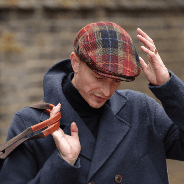 Green, Burgundy & Black Check Tartan Harris Tweed Wool Flat Cap