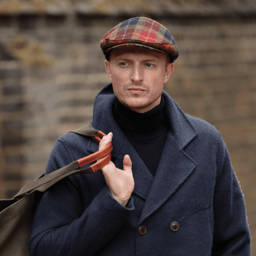 Green, Burgundy & Black Check Tartan Harris Tweed Wool Flat Cap
