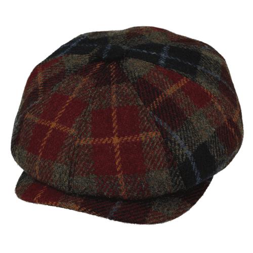 Green, Burgundy & Black Check Tartan Wool Bakerboy Newsboy Cap