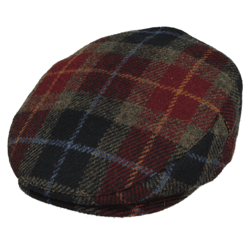 Green, Burgundy & Black Tartan Check Harris Tweed Flat Cap
