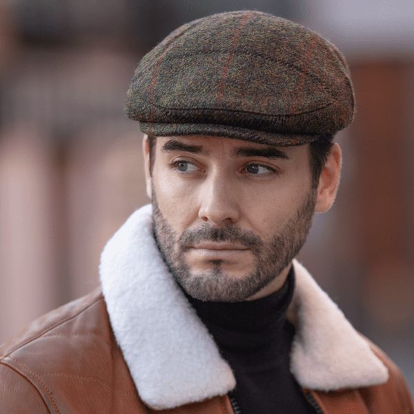 Green Check Herringbone Harris Tweed Flat Cap