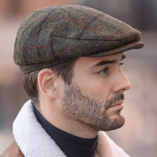 Green Check Herringbone Harris Tweed Flat Cap