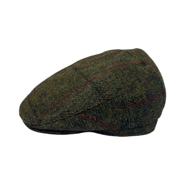 Green Check Herringbone Harris Tweed Flat Cap