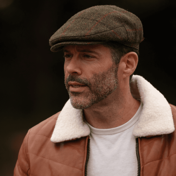 Green Check Herringbone Harris Tweed Flat Cap