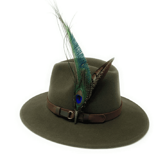 Green Fedora Hat, Showerproof, Wool with Peacock Feather Brooch - Sherborne