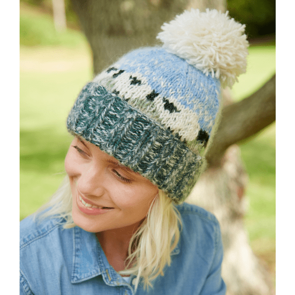 Green Mohair Wool Beanie Bobble Hat - Hazy Sheep