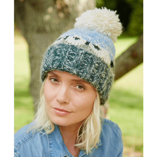 Green Mohair Wool Beanie Bobble Hat - Hazy Sheep