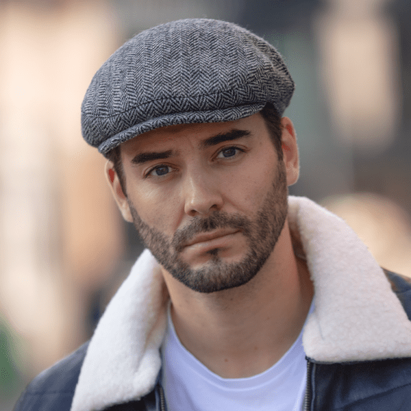 Grey & Black Herringbone Harris Tweed Flat Cap