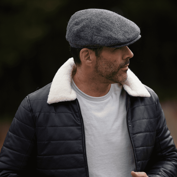 Grey & Black Herringbone Harris Tweed Flat Cap