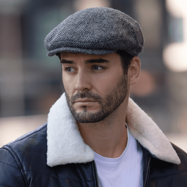 Grey & Black Herringbone Harris Tweed Flat Cap