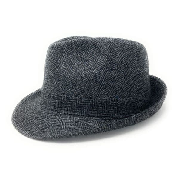 Grey/Blue Wool Herringbone Tweed Trilby Hat - Winstone