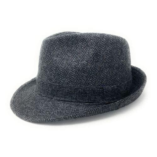 Grey/Blue Wool Herringbone Tweed Trilby Hat - Winstone