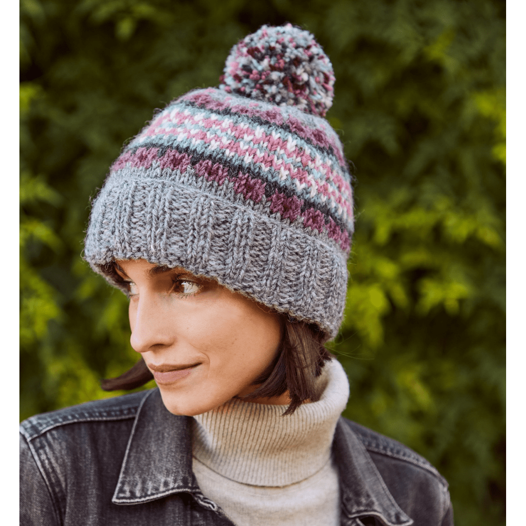 Grey Pink Wool Bobble Beanie Hat Wharfdale - Main Image