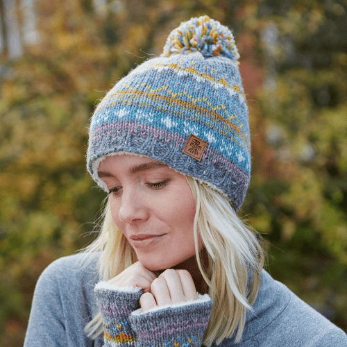 Grey Soft Pastel Fair Isle Wool Bobble Beanie Hat - Braemar