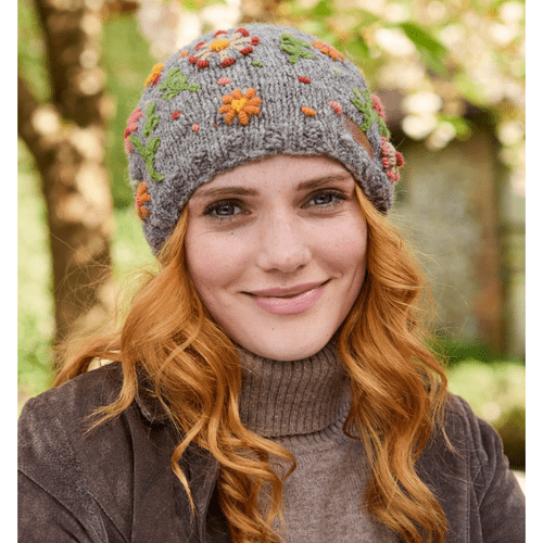 Grey with Embroidered Flowers Wool Bobble Beanie Hat - Lugano