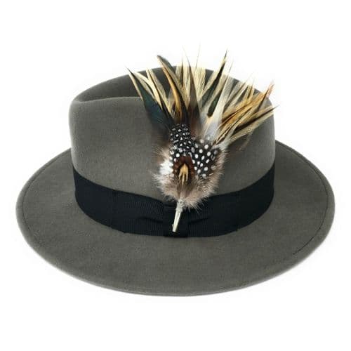 Grey Wool Fedora Hat with Country Feather Brooch - Burford