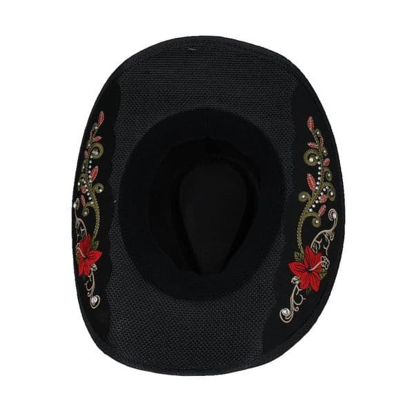 Hard Straw Black Embroidered Summer Cowboy Hat - Red Wildflower