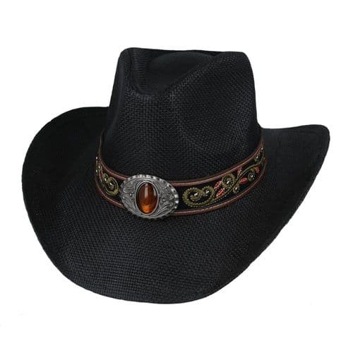 Hard Straw Black Embroidered Summer Cowboy Hat - Red Wildflower