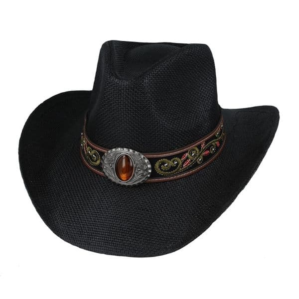 Hard Straw Black Embroidered Summer Cowboy Hat - Red Wildflower