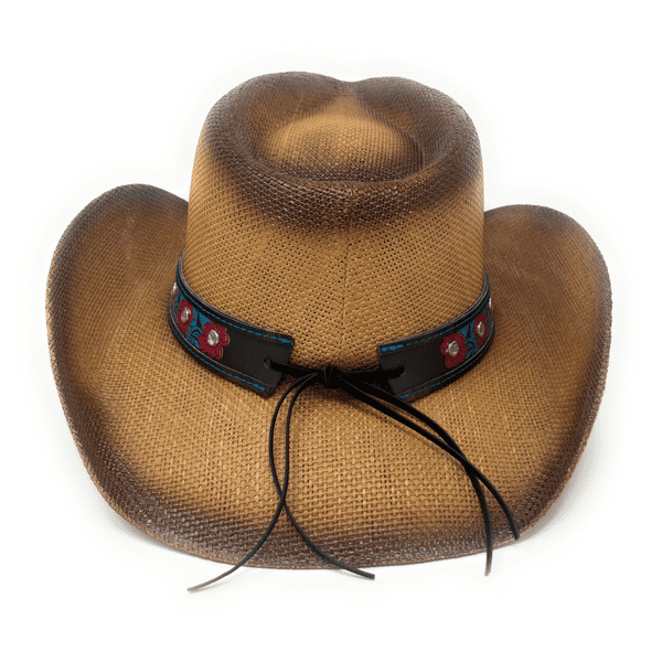 Hard Straw Brown Flower Band Summer Cowboy Hat - Wild Rose