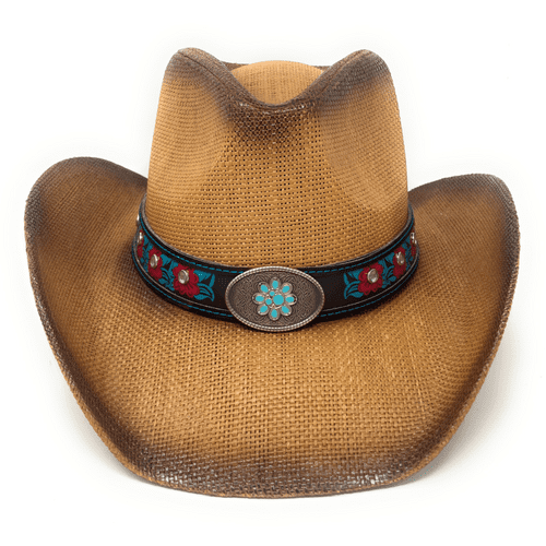 Hard Straw Brown Flower Band Summer Cowboy Hat - Wild Rose