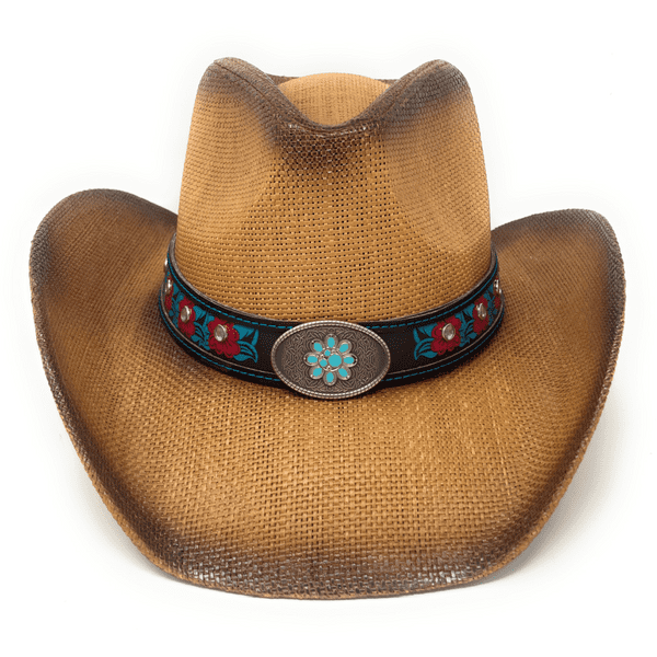 Hard Straw Brown Flower Band Summer Cowboy Hat - Wild Rose