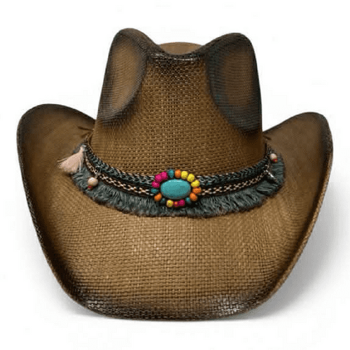 Hard Straw Brown Summer Cowboy Hat - Rainbow Spirit