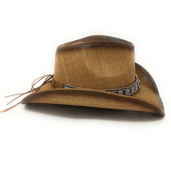 Hard Straw Brown Turquoise Stone Summer Cowboy Hat - Aztec Stone