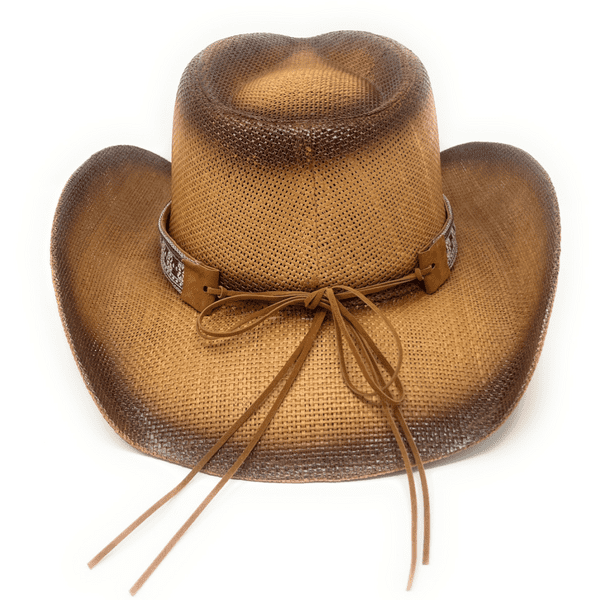Hard Straw Brown Turquoise Stone Summer Cowboy Hat - Aztec Stone