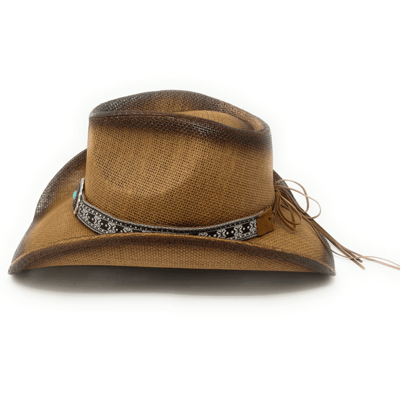 Hard Straw Brown Turquoise Stone Summer Cowboy Hat - Aztec Stone