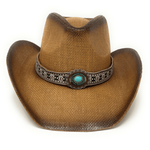 Hard Straw Brown Turquoise Stone Summer Cowboy Hat - Aztec Stone