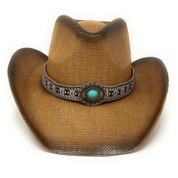 Hard Straw Brown Turquoise Stone Summer Cowboy Hat - Aztec Stone