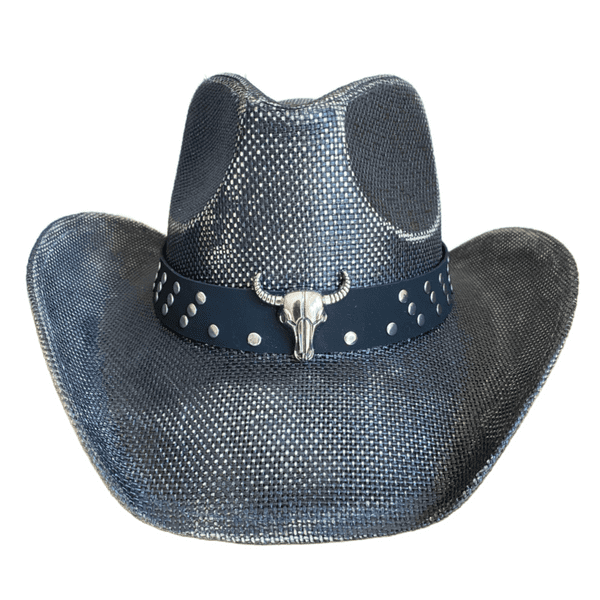 Hard Straw Summer Cowboy Hat - Black Bull