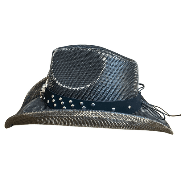 Hard Straw Summer Cowboy Hat - Black Bull