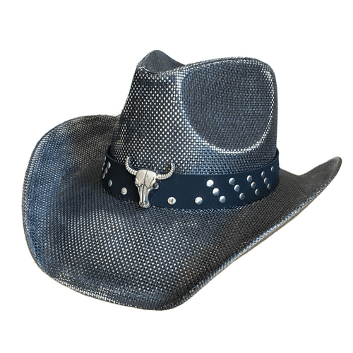 Hard Straw Summer Cowboy Hat - Black Bull