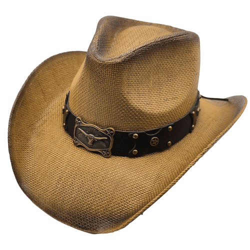 Hard Straw Summer Cowboy Hat - Brown Iron Bull Star