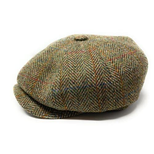 Harris Tweed Wool Bakerboy Newsboy Cap - Green Herringbone Check