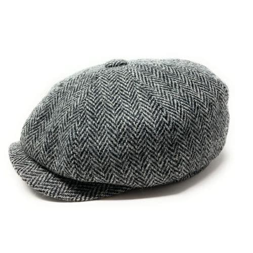 Harris Tweed Wool Bakerboy Newsboy Cap - Grey Herringbone