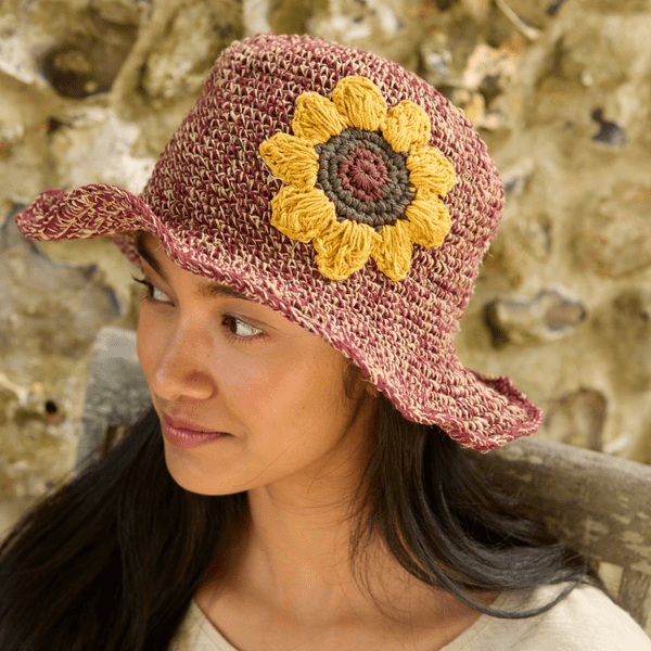 Hemp and Cotton Summer Bucket Hat - Burgundy Sunflower