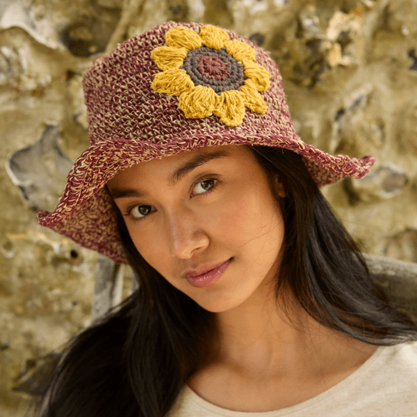 Hemp and Cotton Summer Bucket Hat - Burgundy Sunflower