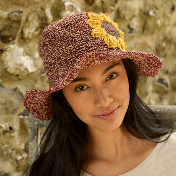 Hemp and Cotton Summer Bucket Hat - Burgundy Sunflower