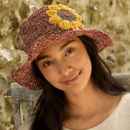 Hemp and Cotton Summer Bucket Hat - Burgundy Sunflower