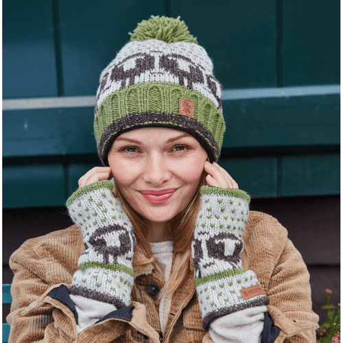 Herdwick Sheep RollBack Bobble Beanie - Oat, Green, Brown