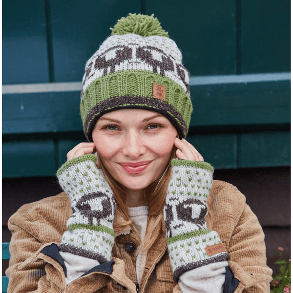Herdwick Sheep RollBack Bobble Beanie - Oat, Green, Brown