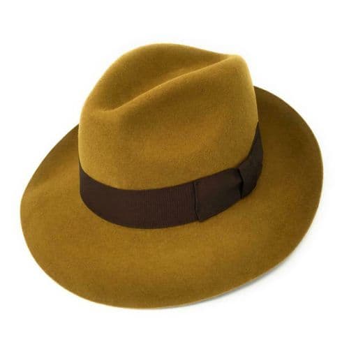 Khaki Mustard Showerproof Snap Brim Lined Wool Fedora Hat - Midford