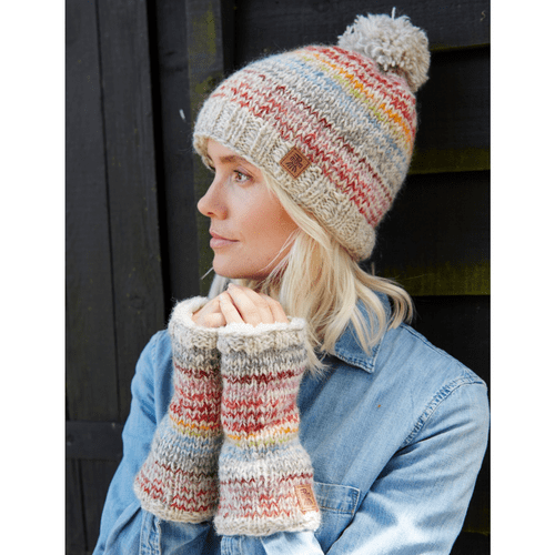 Knitted 100% Wool Bobble Hat and Fingerless Handwarmers - Langtang