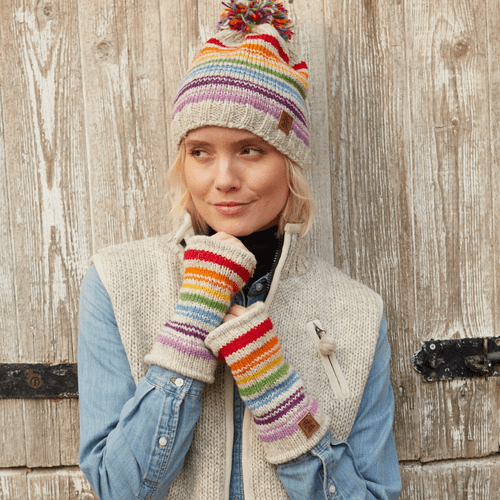 Knitted 100% Wool Bobble Hat and Handwarmers - Hexham